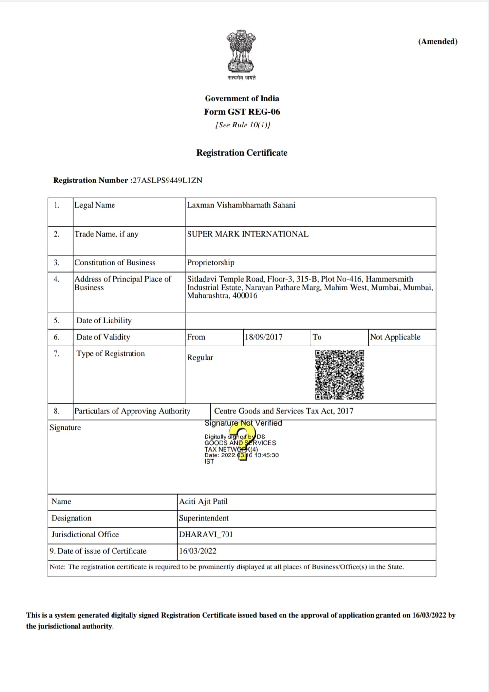 Registration Certificate